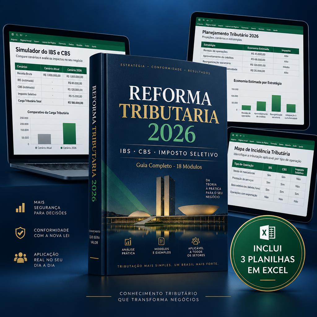 Capa do Manual Prático da Reforma Tributária 2026 com 3 planilhas executivas em Excel